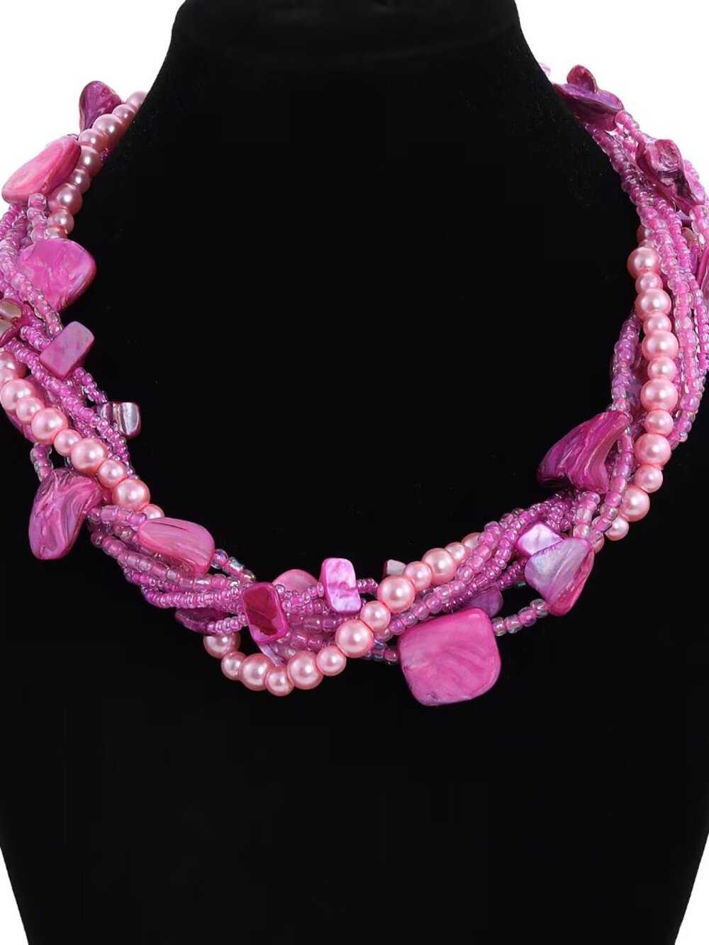 Pink Seed Beaded with Shell Multi Strand Necklace 20 Inches - NEW